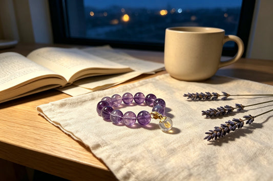 Calming crystals and lavender on a nightstand for better sleep