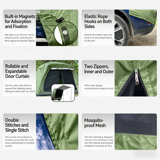 Outdoor car tailgate tent(SUV), camping canopy, roof extension tent, sunshade, and rain protection.