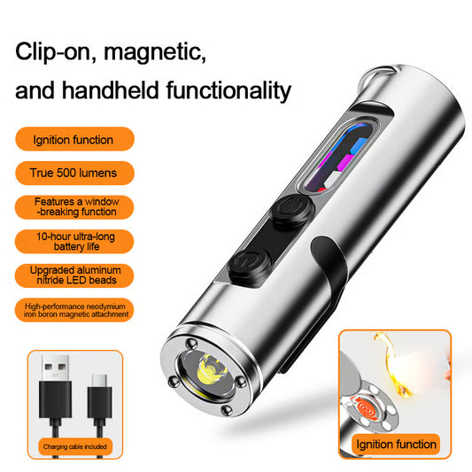 🔦Pocket Rechargeable EDC Flashlight: 500 Lumens Mini Keychain Light with Fire Starter & Window Breake